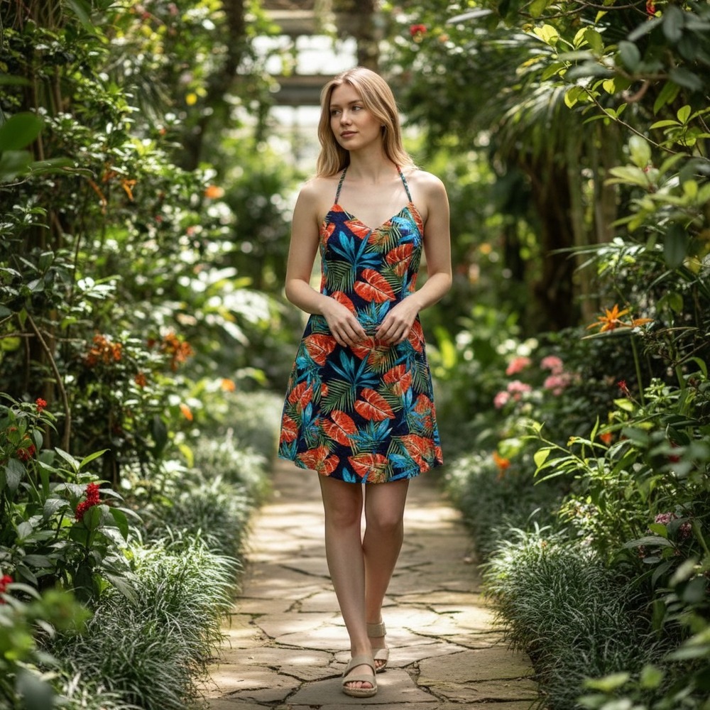 Sugarlips Tropical Palm Leaf Mini Dress Navy Blue Orange Floral Summer Small 4-6